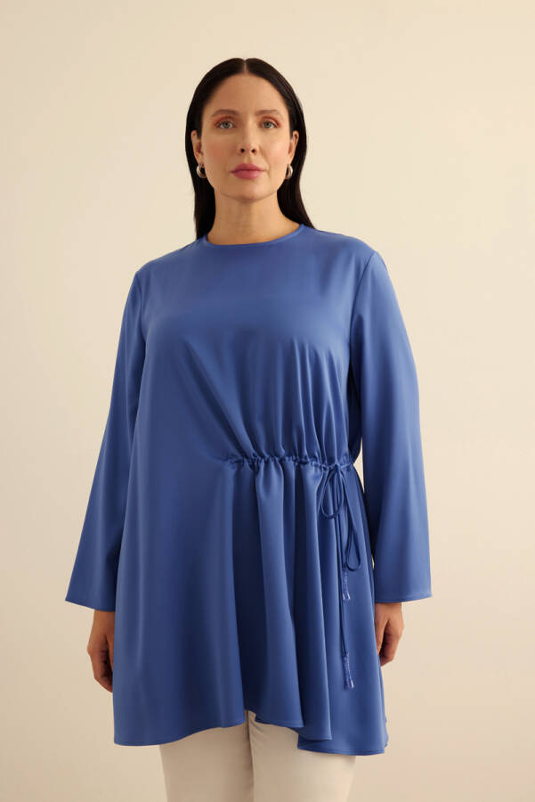 Mavi Belden Tek Tarafı Bağcık ve Büzgü Detaylı Tunik - Aker (1)