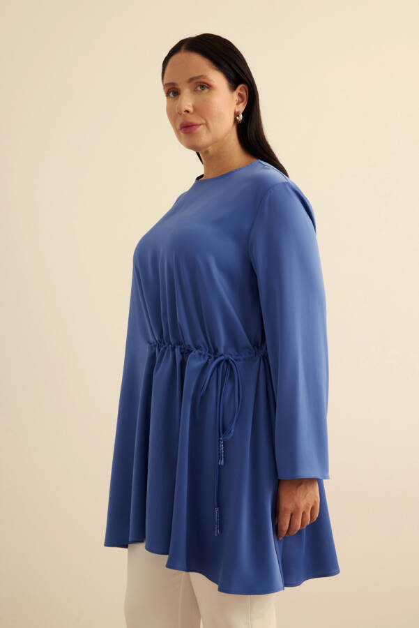 Mavi Belden Tek Tarafı Bağcık ve Büzgü Detaylı Tunik - 3