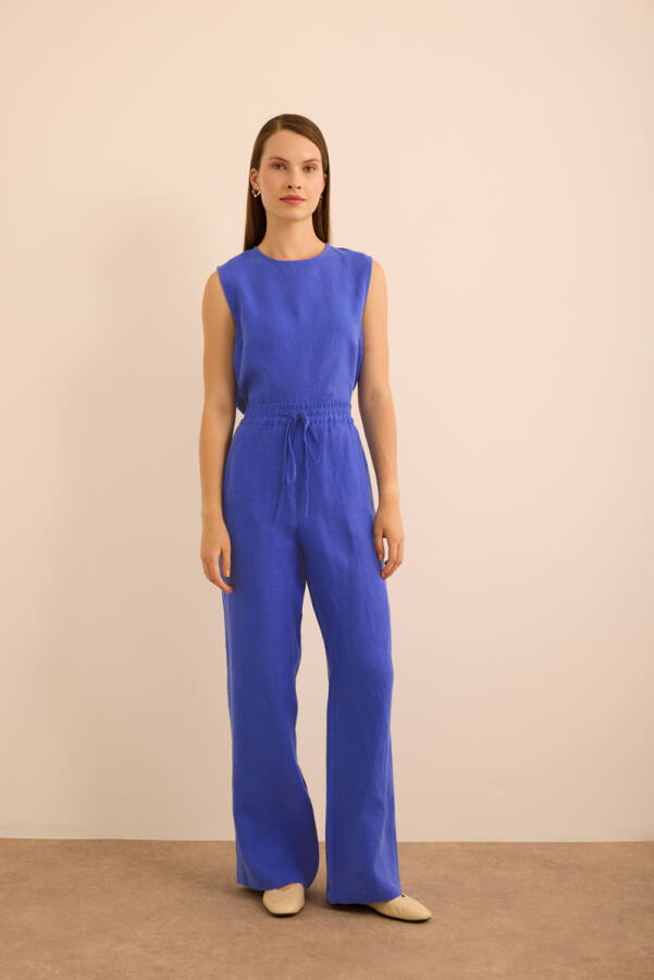 Mavi Beli Lastikli Keten Pantolon - 2