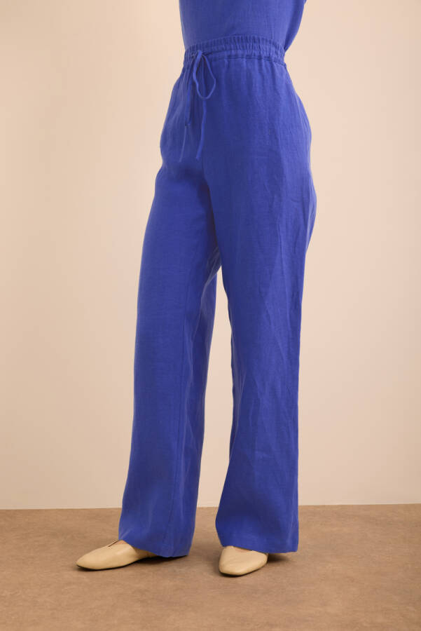 Mavi Beli Lastikli Keten Pantolon - 5
