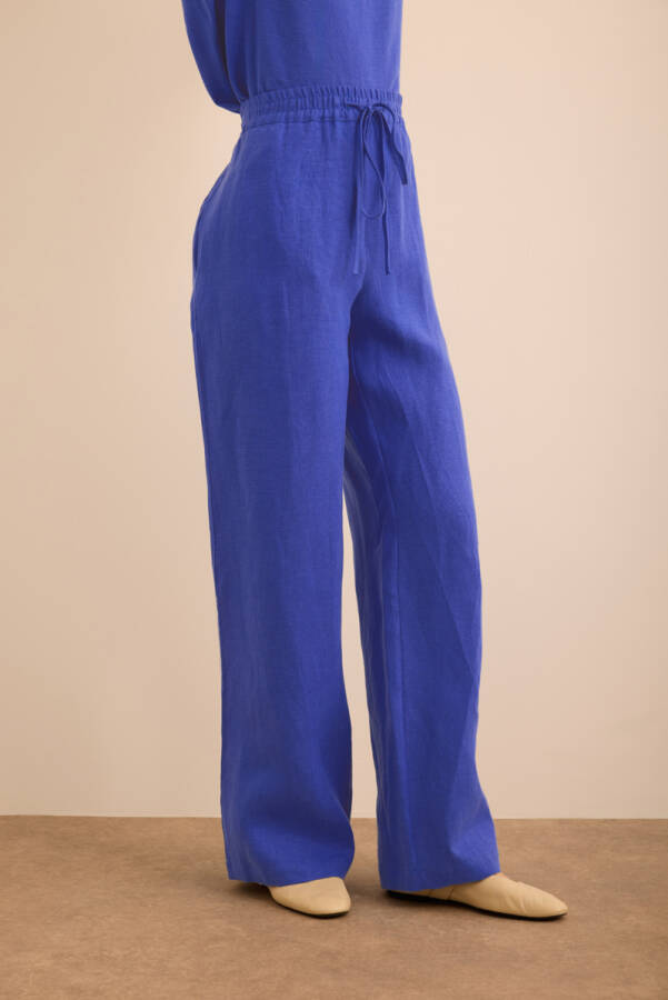 Mavi Beli Lastikli Keten Pantolon - 4