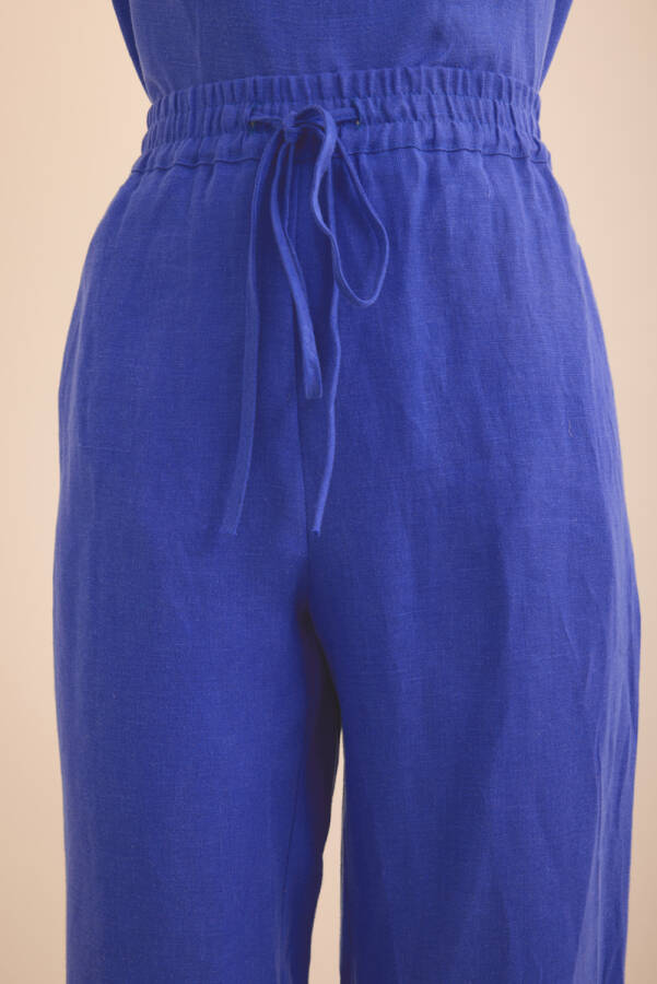 Mavi Beli Lastikli Keten Pantolon - 6