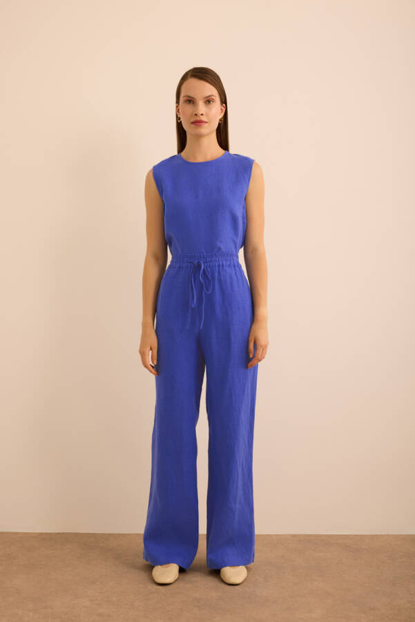 Mavi Beli Lastikli Keten Pantolon - Aker