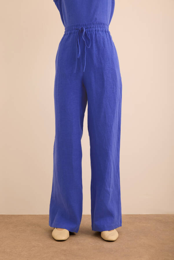 Mavi Beli Lastikli Keten Pantolon - 3
