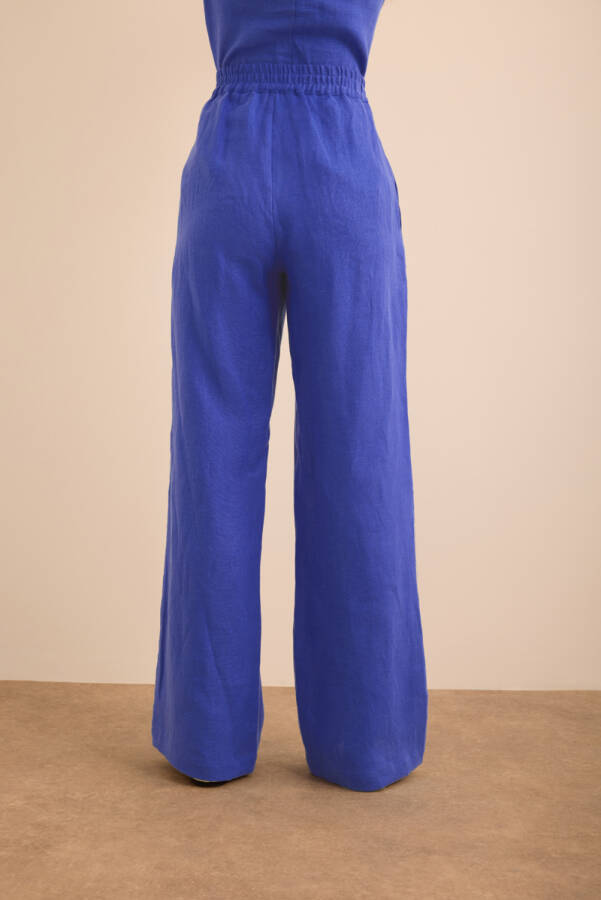 Mavi Beli Lastikli Keten Pantolon - 7