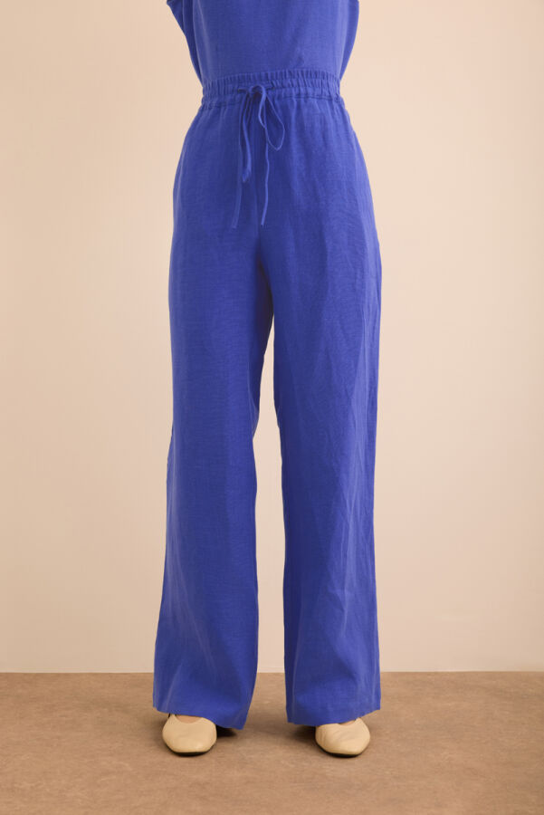 Mavi Beli Lastikli Keten Pantolon - 3