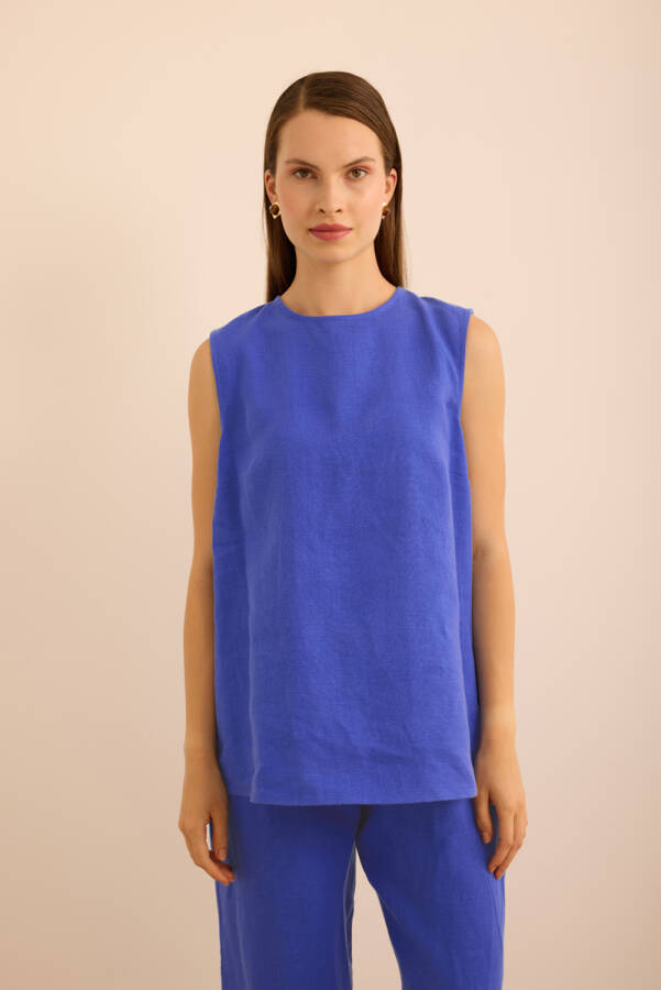 Mavi Bisiklet Yaka Kolsuz Keten Bluz - 1