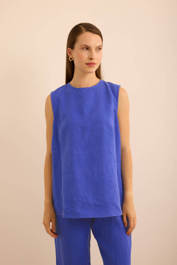 Mavi Bisiklet Yaka Kolsuz Keten Bluz - 2