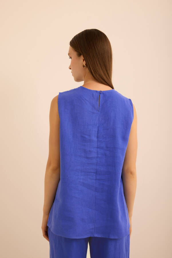 Mavi Bisiklet Yaka Kolsuz Keten Bluz - 6