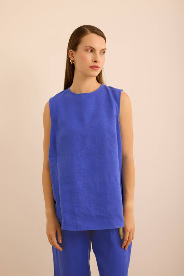 Mavi Bisiklet Yaka Kolsuz Keten Bluz - 4