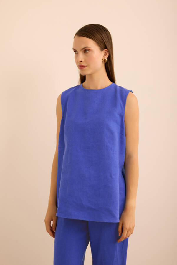 Mavi Bisiklet Yaka Kolsuz Keten Bluz - 5