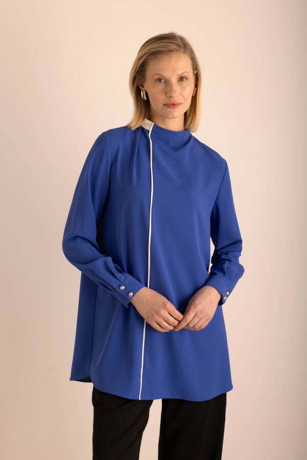 Mavi Biye Detaylı Dokuma Tunik - 1