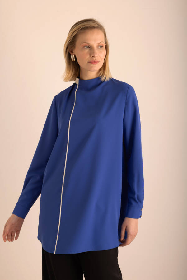 Mavi Biye Detaylı Dokuma Tunik - 5