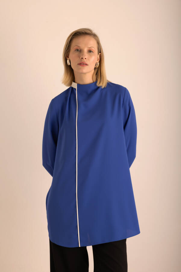 Mavi Biye Detaylı Dokuma Tunik - 4