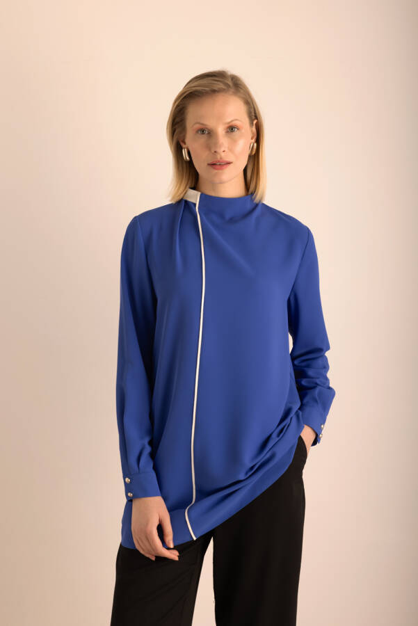 Mavi Biye Detaylı Dokuma Tunik - 6