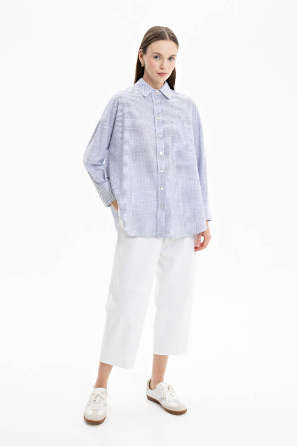 Mavi Cep Detaylı Çizgili Bluz - 2