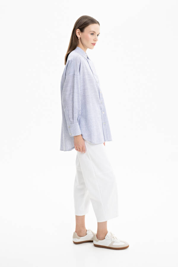 Mavi Cep Detaylı Çizgili Bluz - 3