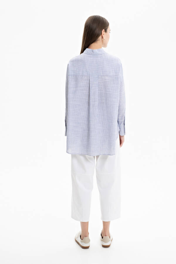 Mavi Cep Detaylı Çizgili Bluz - 4