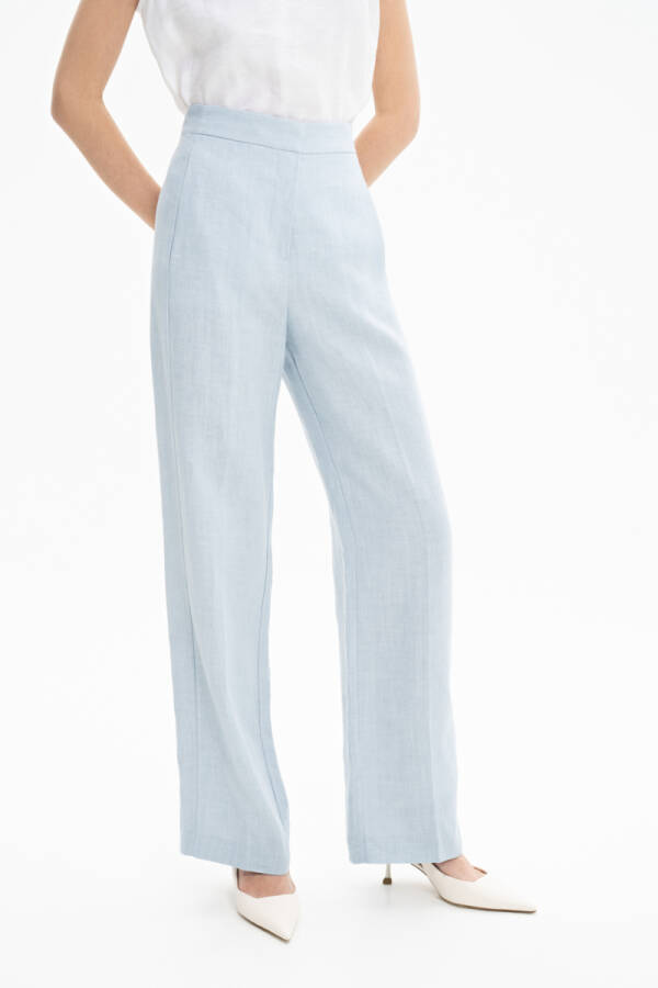 Mavi Cepli Keten Pantolon - 4