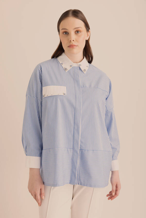 Mavi Çizgili Cotton Taş İşlemeli Gömlek - 1