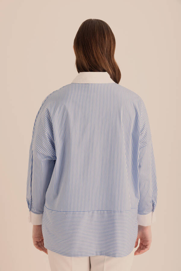 Mavi Çizgili Cotton Taş İşlemeli Gömlek - 7