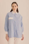 Mavi Çizgili Cotton Taş İşlemeli Gömlek - 1