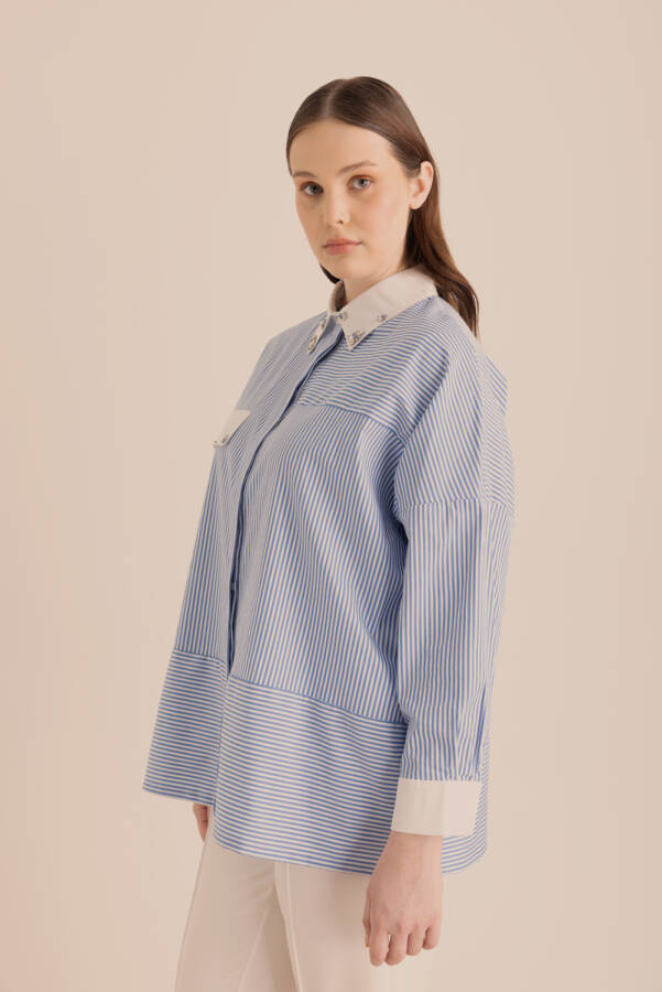 Mavi Çizgili Cotton Taş İşlemeli Gömlek - 5