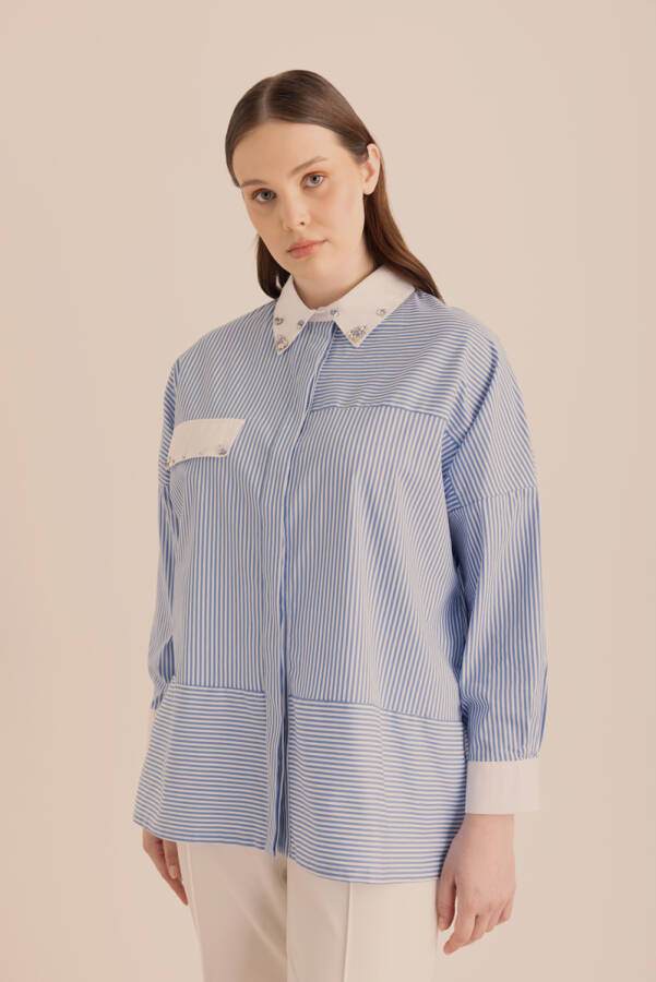 Mavi Çizgili Cotton Taş İşlemeli Gömlek - 6