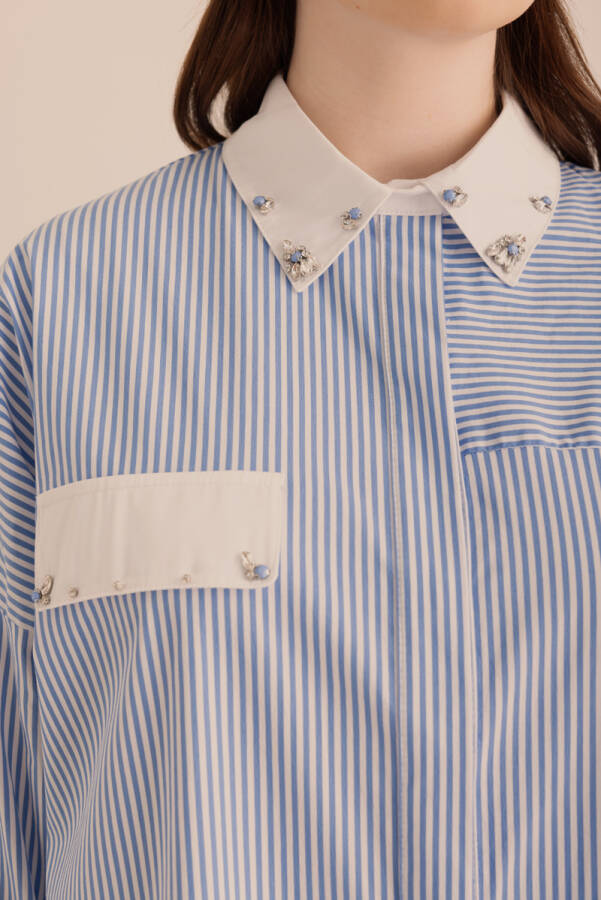 Mavi Çizgili Cotton Taş İşlemeli Gömlek - 3