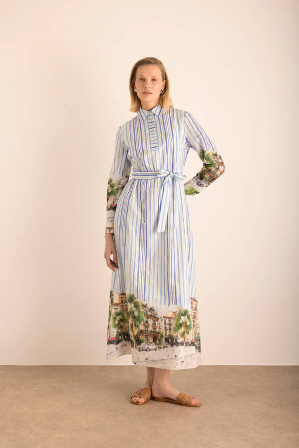 Mavi Desenli , Çizgili Cotton Elbise - 1
