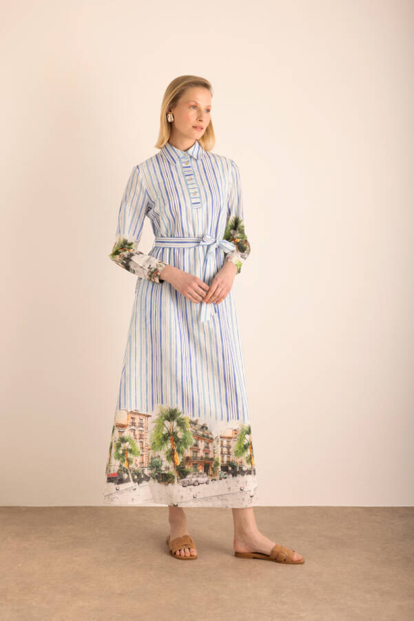 Mavi Desenli , Çizgili Cotton Elbise - 3