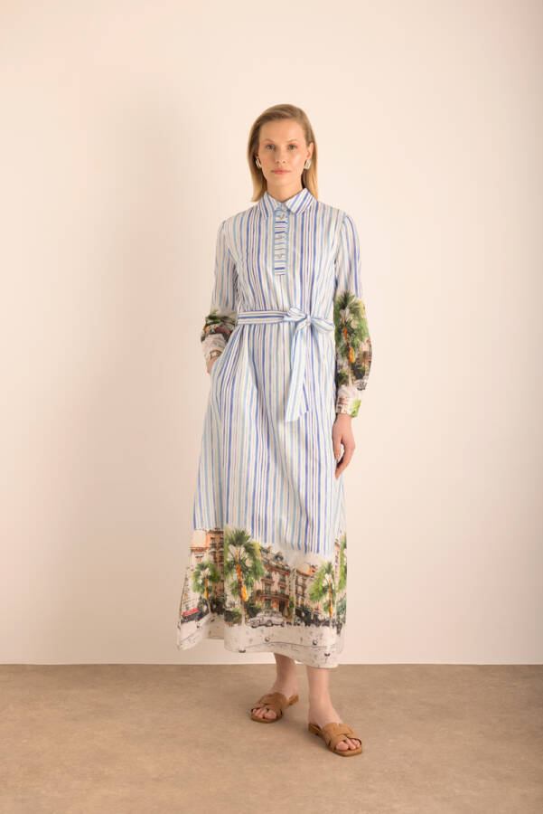Mavi Desenli , Çizgili Cotton Elbise - 2