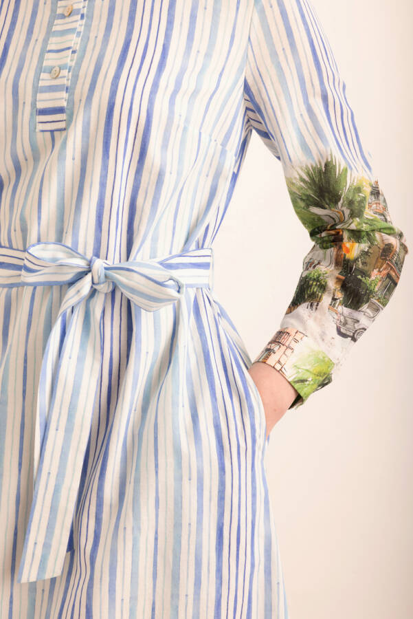 Mavi Desenli , Çizgili Cotton Elbise - 4