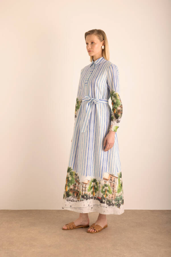 Mavi Desenli , Çizgili Cotton Elbise - 5