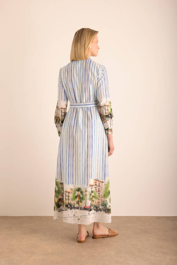 Mavi Desenli , Çizgili Cotton Elbise - 7