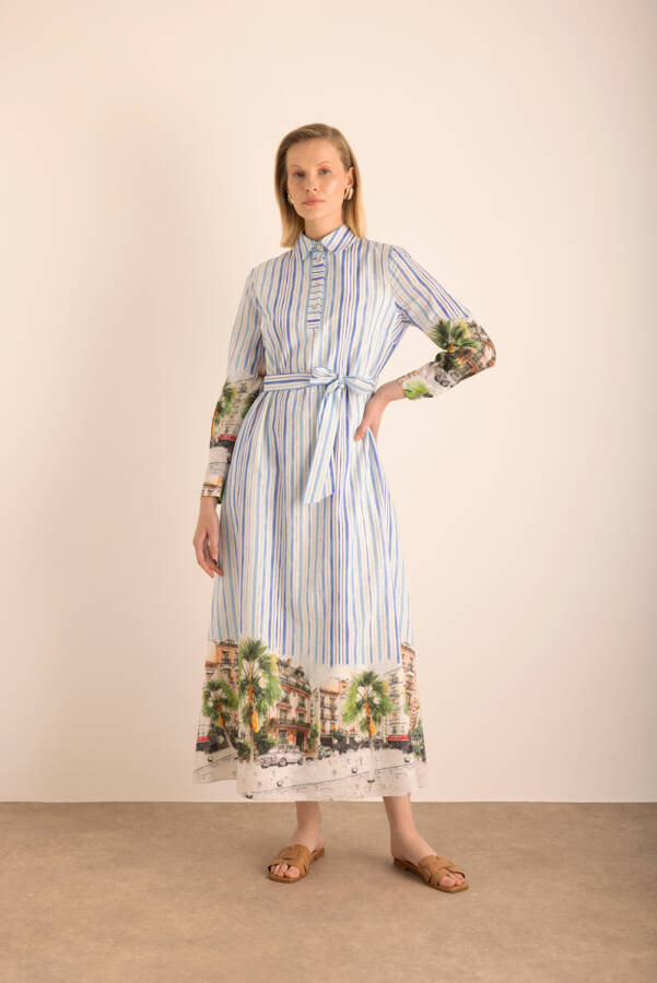 Mavi Desenli , Çizgili Cotton Elbise - 6