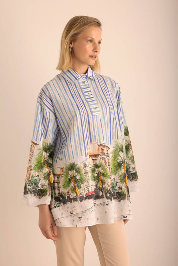 Mavi Desenli , Çizgili Cotton Tunik - 1