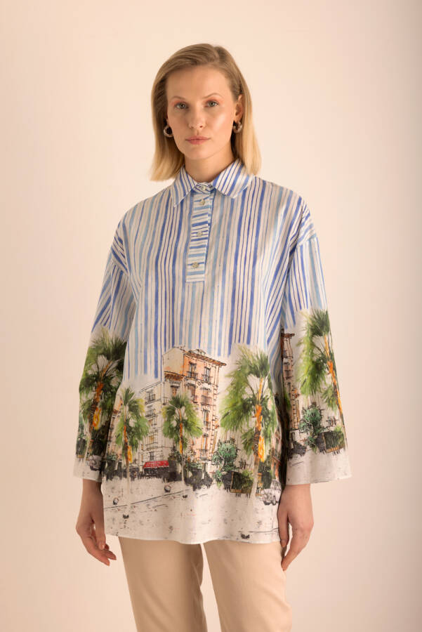 Mavi Desenli , Çizgili Cotton Tunik - 2