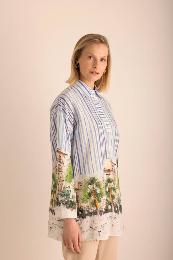 Mavi Desenli , Çizgili Cotton Tunik - 3