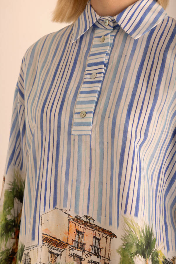 Mavi Desenli , Çizgili Cotton Tunik - 4