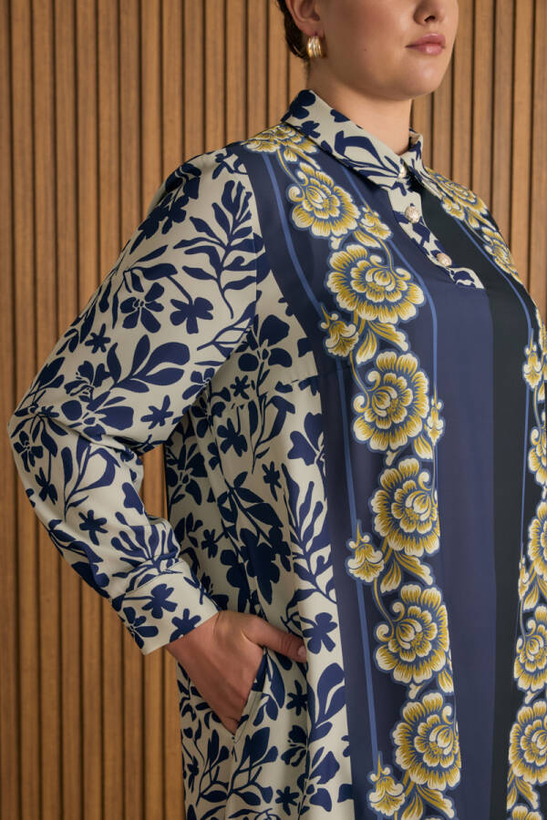 Mavi Desenli Elbise - 5