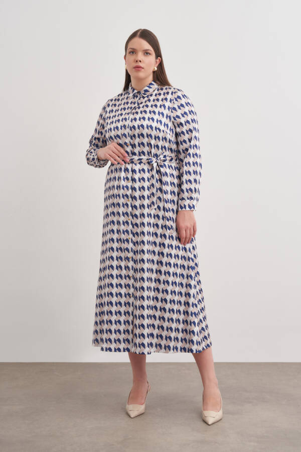 Mavi Desenli Kemerli Gömlek Elbise - Aker