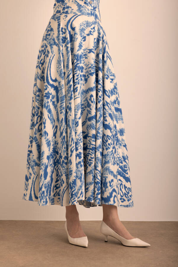 Mavi Desenli Kloş Viscon Keten Etek - 3