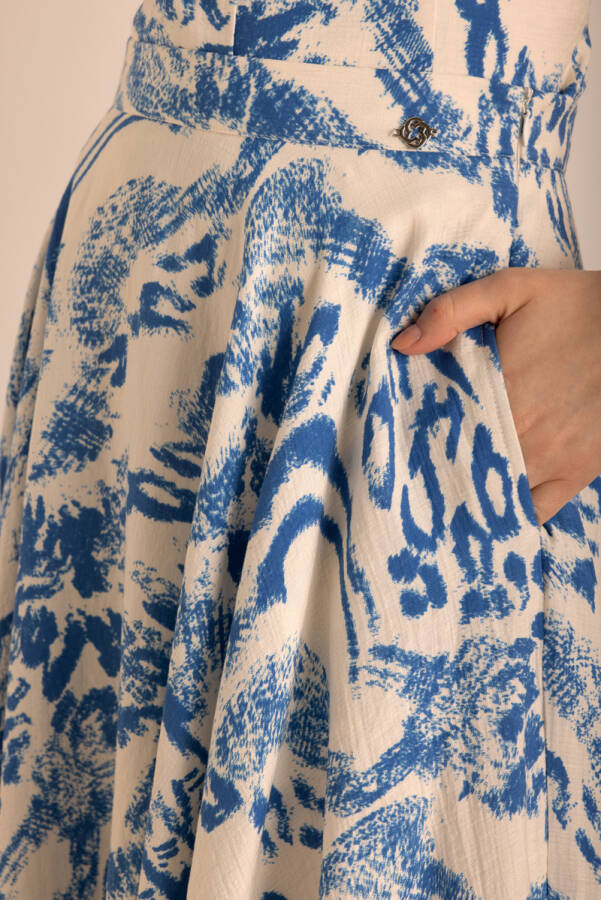 Mavi Desenli Kloş Viscon Keten Etek - 4