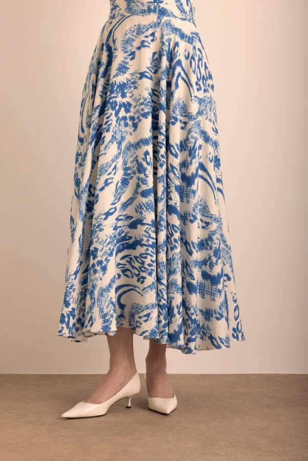 Mavi Desenli Kloş Viscon Keten Etek - Aker (1)