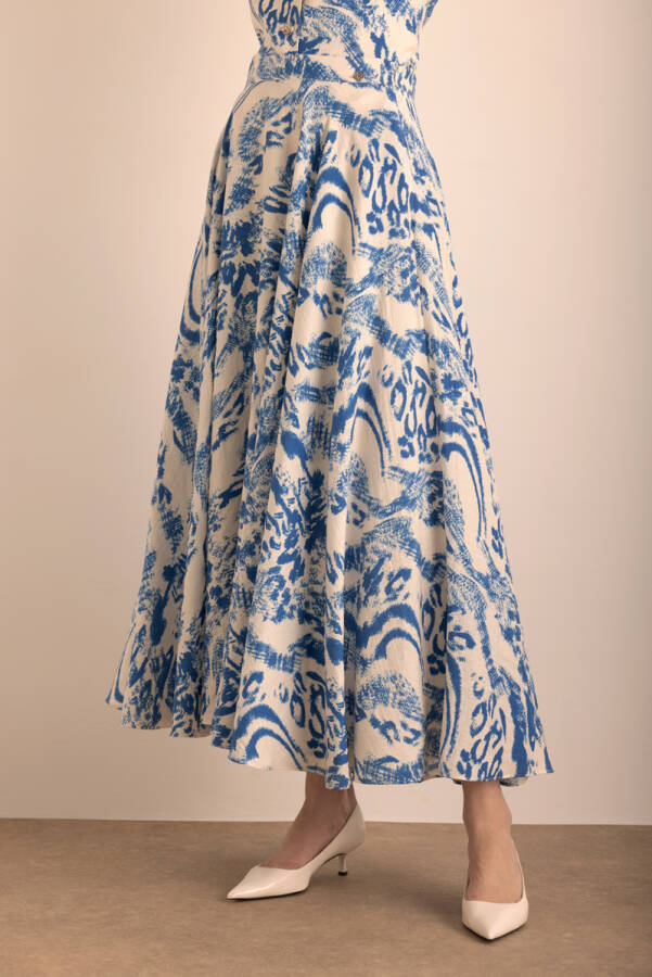 Mavi Desenli Kloş Viscon Keten Etek - 5