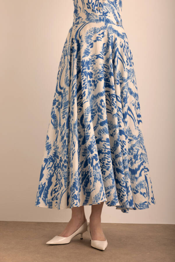 Mavi Desenli Kloş Viscon Keten Etek - 6