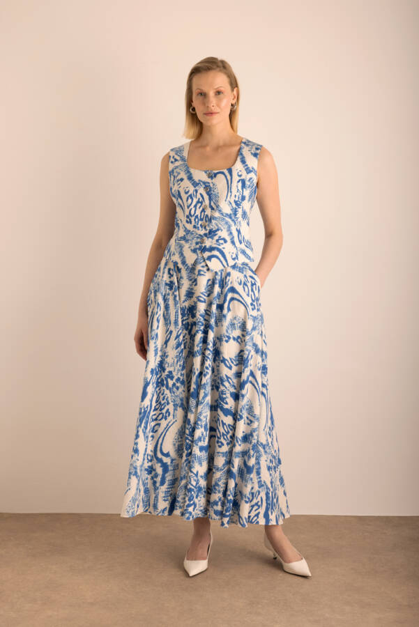 Mavi Desenli Kloş Viscon Keten Etek - Aker