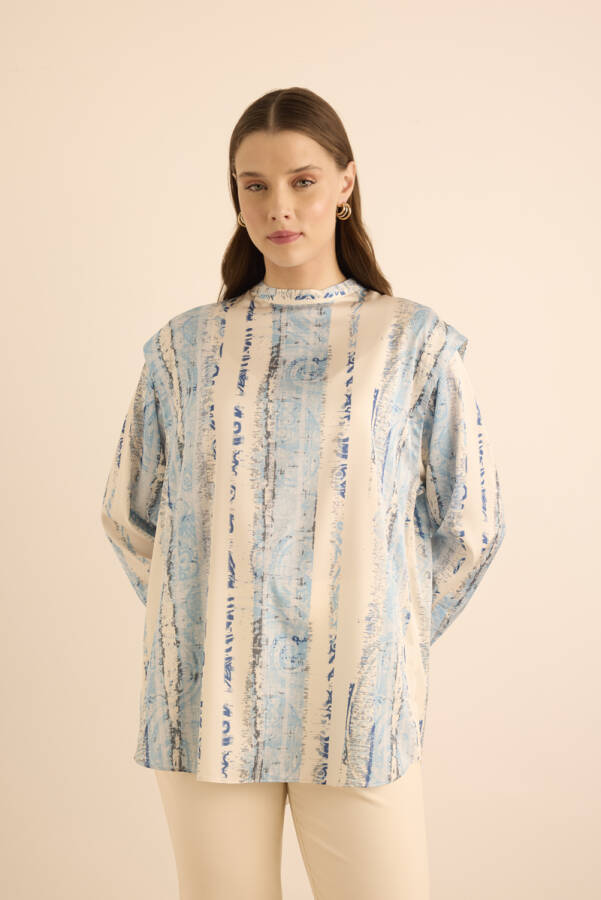 Mavi Desenli Omuzları Bant Detaylı Tunik - 3