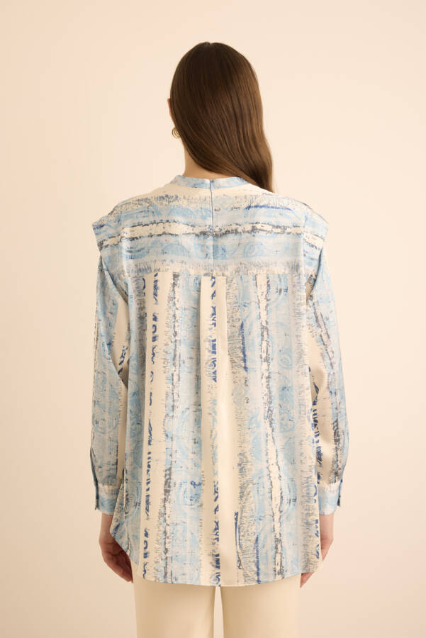 Mavi Desenli Omuzları Bant Detaylı Tunik - 7